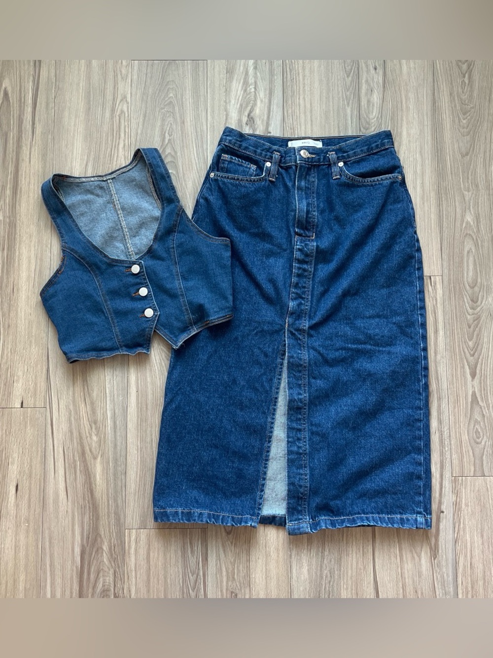 Mango Dark Blue Denim Skirt with Contrast Stitching